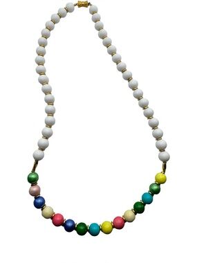 Vintage White Bead Necklace Multicolor Wood‎ Bead Accents Gold Tone Spacers